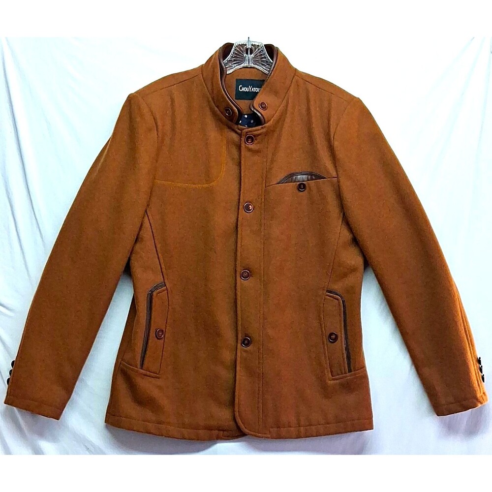 ChouYatou Mens Brown Wool Stand-Up Collar Military Jacket M Lined Pockets Winter